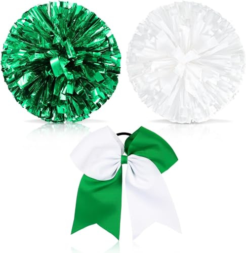 Theaque Cheerleader-Pompons und große Cheerleader-Haarschleife für Mädchen, 30,5 cm, groß, metallisch, Cheerleader-Pompoms für Sport-Team, Geist (Grün und Weiß)