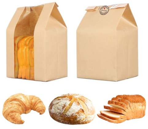 GRANDAN Lot de 25 grands sacs à pain en papier kraft avec fenêtre pour pain au levain, pain au levain, pain grillé, sacs d'emballage pour aliments cuits, étiquettes autocollantes