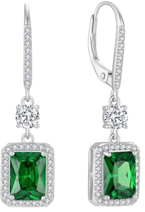 FJ kvadrat prinsessa hängande örhängen dam 925 sterlingsilver solitaire halo örhängen födelsesten smycken gåvor för kvinnor, Sterlingsilver Kubisk zirkonia, Smaragd