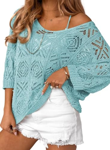 Dokotoo Womens Fashion Ladies Spring Summer Scoop Neck 3/4 Short Sleeve Crochet Top 2025 Pullover Sweaters Work Business Loose Shirts Swimsuit Coverup for Women Light Blue Medium