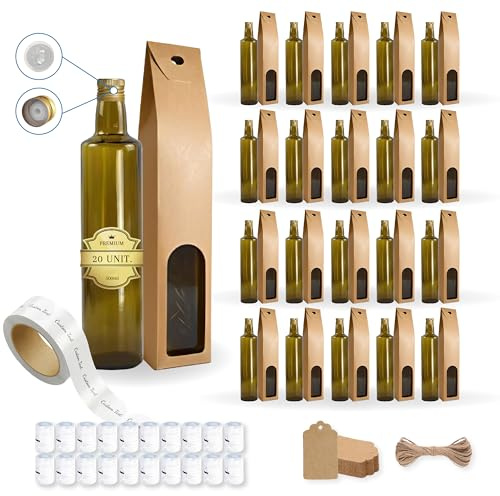 20 botellas de vidrio oscuro 500 ml con tapón de rosca dorado con boquilla vertedero + 20 cajas + 20 sellos + 20 etiquetas personalizadas + 20 etiquetas Kraft + cuerda - aceite de oliva - aceitera