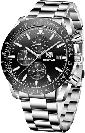 BENYAR by Herren Analoger Chronograph Quarzuhr 30M Wasserdicht Leuchtende Datumsanzeige Freizeituhr Sport Lederuhr.