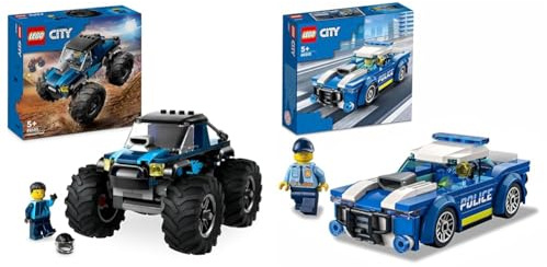 LEGO City Monster Truck Blu, Giocattolo Fuoristrada Off-Road da Costruire & City Police Auto della Polizia, Set di Costruzione con Minifigure e Macchina Giocattolo
