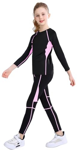 linboo Mädchen Sportanzug 2tlg Yoga Anzug mit Langen Ärmeln und Hosen, Elastisch, Outdoor eng anliegende Tanz- und Fitnessbekleidung für Kinder, Rosa, Herstellergröße：110 Geeignete 104-110