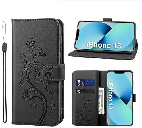 KRAFTCARE Lederhülle für iPhone 13 Klapphülle Leder Hülle | Premium PU Leder mit Prägung, Kartenfach, Ständer, Magnetic Closure, RFID Blockierung, Flip Wallet Handyhülle, Schwarz