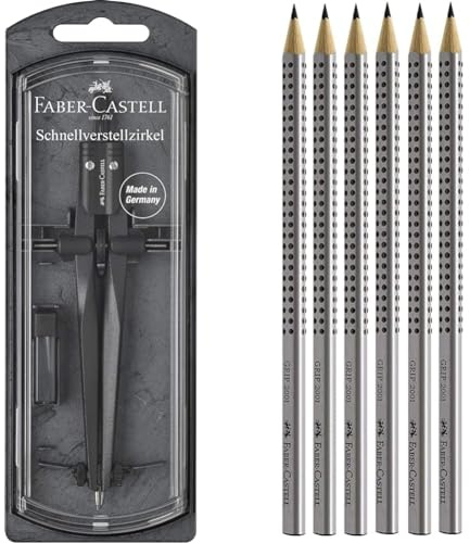 Faber-Castell 174530 - Schnellverstellzirkel Stream, Blackstone, 1 Stück & 117697-6 Bleistifte GRIP 2001, Härtegrad: HB, Schaftfarbe: silber