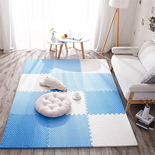 Tragbare ineinandergreifende Puzzle-Bodenmatten, Spielmatte, rutschfest, wasserdicht, weiche Schaumstoff-Puzzlematte für Zuhause, Wohnzimmer, Dekoration, 59,9 x 59,9 x 1,2 cm, Weiß + Hellbla