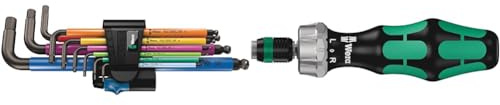 Wera 950 SPKL/9 SM HF Multicolour L-Key Set Metric BlackLaser with HOL & 05051461001 1/4 x 142 816 RA Ratchet Screwdriver - Silver