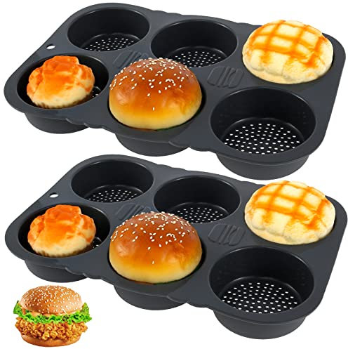 KTCINA 2 Stück Burger Buns Backform Silikon Rund Brötchenblech 6-Loch mit Antihaftbeschichtung Burger Brötchen Blech Weich Einfach zu Säubern Brötchen Backform für Burger Puffs Törtchen Brot Brötchen