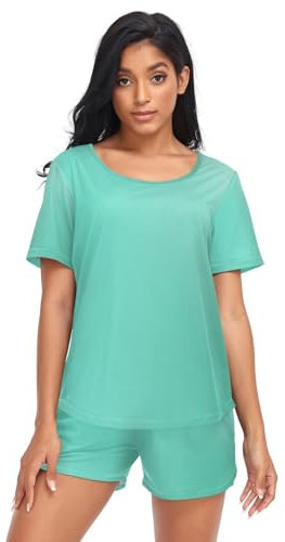 HMZXZ Damen Schlafanzug-Set Abstrakt Blau Grün Sommer Pyjama Woman Set, Blaugrün Loungewear und Shorts Lounge Set Sleepwear Nachtwäsche