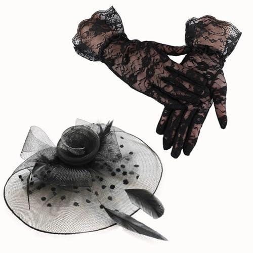 EHDWXVZM 1 Accessorio per Capelli in Rete da Sposa, 1 Paio di Guanti in Rete, Velo Nero, Copricapo Elegante, Cappello Glamour, Cappello da Sposa