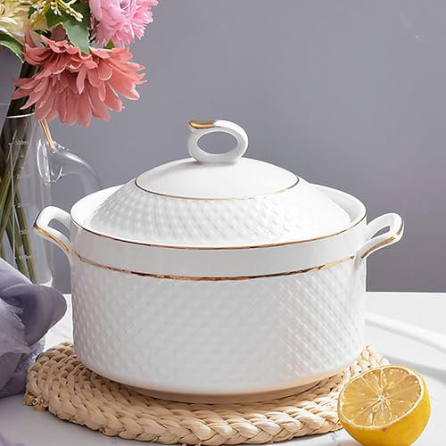 Sopera de Sopa Blanca con Dorado Diseño, Porcelana Cuenco para Servir Sopa de Doble Mango con Tapa y Cuchara Vajilla,3.2L