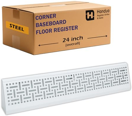 Fits 24 Baseboard Space | Corner Baseboard Register by Handua | Decorative Design | 24 External Length Register Vent Cover Grill | Adjustable Lever for Air Flow Control | White