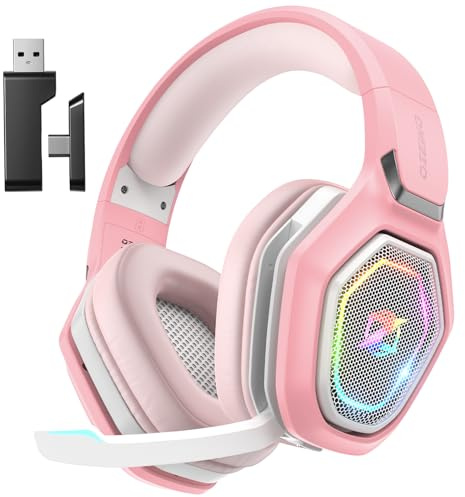 Ozeino OW810 Gaming Headset Mit Mikrofon Geräuschunterdrückung für Ps5/PC/Ps4/Mac, 2.4GHz Wireless Headset mit Bluetooth, Gaming kopfhörer 40H+ Akkulaufzeit - Rosa