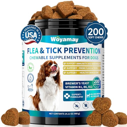 Woyamay Flea and Tick Prevention for Dogs Chewables, 200 Soft Treats, Natural Dog Flea and Tick Treatment, Oral Flea Chews for Dogs Supplement, Flea and Tick Chews for Dogs Puppies, All Breeds & Sizes