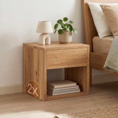skølm Floki Nachttisch 2er-Set aus massiver Eiche, Natur, mit Schublade | Nachtschrank 40x40x40 cm, Nachttischschrank, Bedside Table, Nachtkommode fürs Schlafzimmer, Nachtkästchen, Beistelltisch