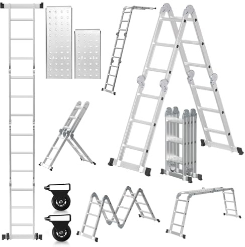 Cecaylie 4x3 Stufen Aluminium Mehrzweckleiter, 360cm 7 in 1 Multifunktionsleiter mit plattform, Leiter mit 2 Gerüstplatten, Vielzweckleiter Klappleiter 12 Stufen, Silber
