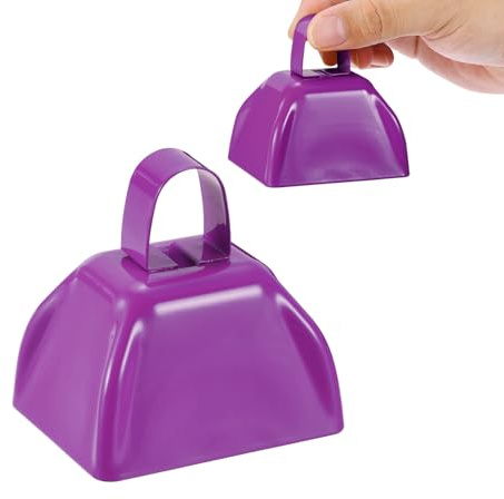 PATIKIL 2pcs Cow Bells for Football Games, 3in Cowbells for Sporting Events Bulk Loud Noise Makers Metal Cow Bell with Handle for Cheering Competition Marathon Wedding, Blue Purple
