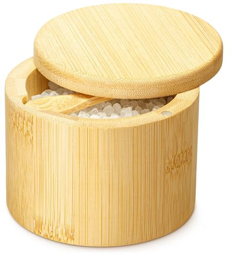 Salero con tapa y cuchara - Soporte para escamas de sal marina - Bodega de bambú con tapa giratoria magnética - Contenedor de especias para encimera - Pimentero