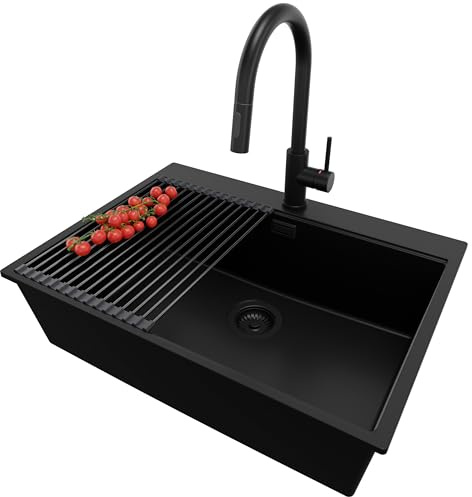 PRIMAGRAN Lavandino da Cucina al Mobile 70cm + Rubinetto, 68x50cm | Set: Rubinetto BW9010 + Kit di scarico + Scolapasta avvolgibile + Lavello in Granito a 1 Vasca - Oslo Top, Tutto Nero