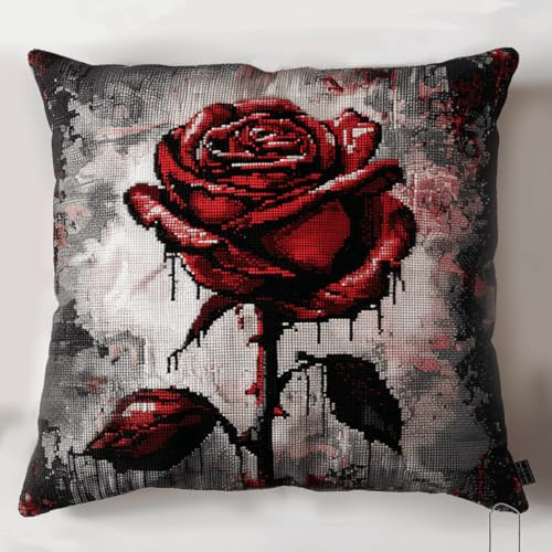 Kitquiver Kissen Knüpfen Set Erwachsene Rote Rose Knüpfkissen-Sets,Grobes Kreuzstich-Set,Diy-Stickerei-Nadelspitzen-Kit Für Heimdekoration 17x17In