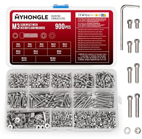 Lot de 900 vis cylindriques M3 en acier inoxydable avec vis à six pans creux avec rondelles - Vis hexagonales pour machine - Assortiment de vis filetées