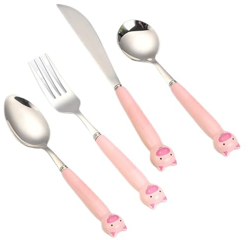 Ensemble de Couverts, céramique Animal de Dessin animé, argenterie en Acier Inoxydable, Couverts Comprenant cuillère, Couteau et Fourchette, Poli Miroir (Cochon Mignon, 4 pièces)