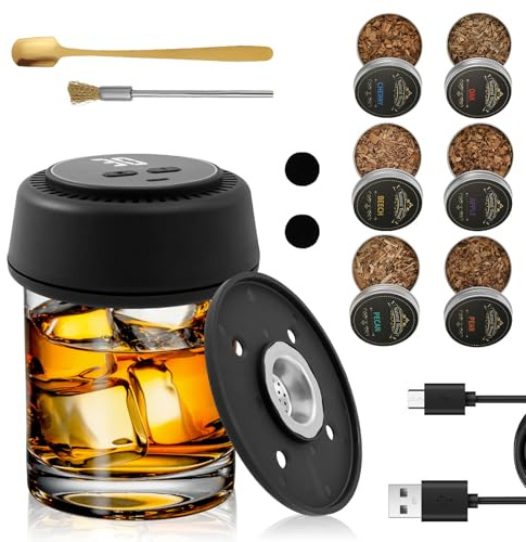 Electric Whiskey Smoker Kit with 6 Flavor Wood Chips Rechargeable Old Fashioned Cocktail Smoker Kits Whiskey Gift Sets for Men Home Bar, Holidays, Christmas, Father's Day