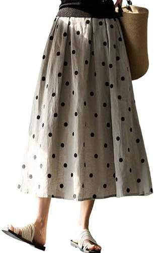 Sujama Linen Polka Dots Skirt Women Casual A-Line Midi Skirts 2025 Comfy Flowy Swing Long Skirts with Pockets Light Grey