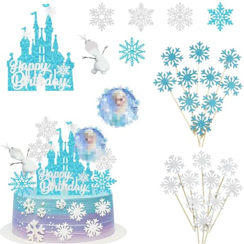 VYZUTR Eiskönigyn Tortendeko, 28 Stück Schneeflocken deko mit Schloss Schneeflocke, Kuchen Topper Glitter, Geburtstag Tortendeko Mädchen, Hochzeitstorte Cake Topper, Weihnachten Kuchendeko