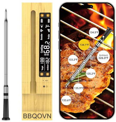 BBQOVN WLAN Sub-1G Kabelloses Fleischthermometer, Unbegrenzte Reichweite, 7 NIST-zertifizierte Sensoren mit Umgebungstemperatur, 2 Temperatur-Überwachungsmethoden, Digitaler Smart-Basis und App für BB