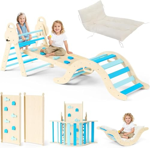 STYPLZ 7 en 1 Set de Juego Interior Montessori, Juego de Estructura de Escalada Montessori: triángulo de Escalada Interior, Arco de Escalada con cojín y tobogán para niños, Zona de Juegos Interior