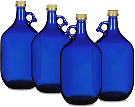 WYSKONT Glasballon Rund Ballonflasche - 5 Liter Glasflasche mit Handgriff und Schraubverschluss - 4 Stück (Blaue 5L, 4 Stück)