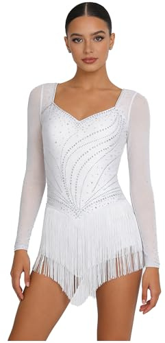 Nyeemya Vestido de Baile Latino Maillot con Flecos para Mujer Manga Larga con Pedrería Brillante Vestido Baile de Salon Profesional Rumba Vals Chachachá Blanco M
