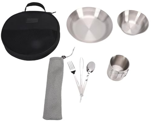 Luocute Ensemble de Couverts de Camping en Acier Inoxydable, Assiettes, Bols, Tasses sous Vide à Double Couche, Couteaux, Fourchettes, Cuillères avec Sacs de Rangement en, pour