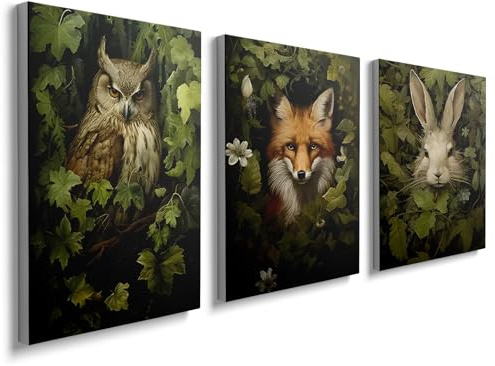 Lmovutcom Toile murale non encadrée 3 pièces, Impressions d'animaux de la forêt, Peinture hibou, renard & lapin dans lierre vert, Déco murale mystique pour salon chambre