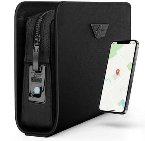 4FLY Männerhandtasche mit Fingerabdruck-Schloss & Smart Tracker Kompatibel mit Apple Wo ist? APP, Sicherheits-Handgelenktasche aus Leder für Herren, Clutch mit Kartenfach & 2 Fächer