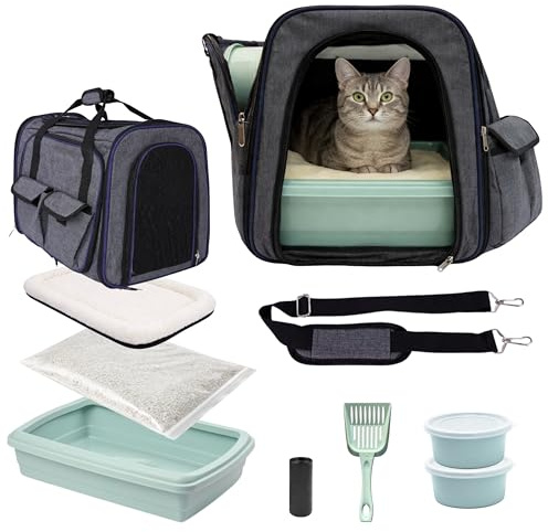 ALMASURA Kit Viaje Transportin Gato Grande 10kg - Mochila Gatos Transporte | Transportin para gatos + arenero gato grande + bebedero + cama + pala (Transportin gato acolchado)