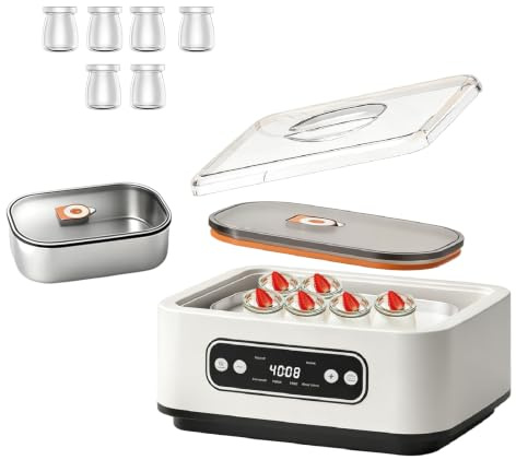 Yoghurtberedare med 6 glasbehållare 180 ml, 1,6 l yoghurtmaskin med temperatur och timer, 20 W 4 förinställda program, automatisk avstängning, LCD-display, yoghurtmaker för grekisk yoghurt, hemma