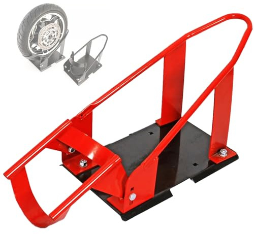 SUNROAD Adjustable Motorcycle Wheel Chock for 15”–21” Front Tires, Heavy Duty Steel Wheel Stop for Garage, Trailer & Transport, Black/Red