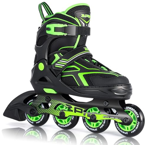 2PM SPORTS Torinx Boys Adjustable Inline Skates, Fun Beginner Roller Skates for Kids, Youth, Girls, Men and Women (Green, Medium - Big Kid (1-4 US))