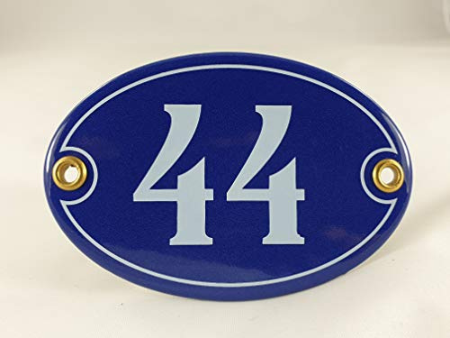 Emaille Hausnummer Schild Nr. 44, oval, Blau-Weiß Handarbeit