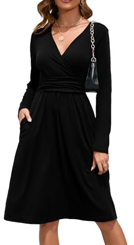 OUGES Women's Midi Dress V-Neck Wrap Casual Ladies Long Sleeve Dress with Pockets(Black,XL)