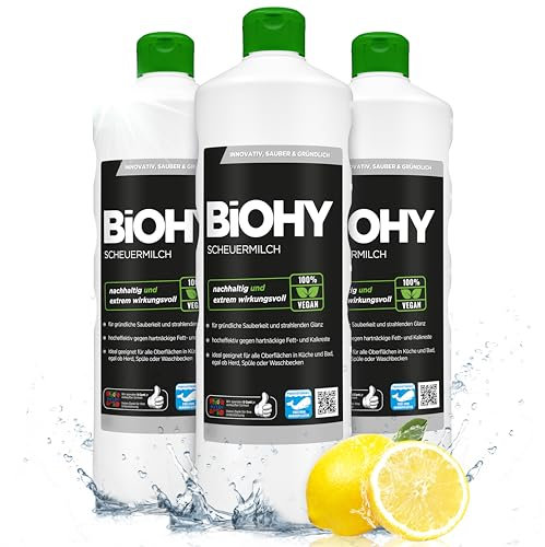 BiOHY Crème à récurer (3 x 1l Bouteille) | élimine sans effort les résidus alimentaires brûlés | nettoyage en sans rayer | pour la céramique et l'acier inoxydable (Scheuermilch)