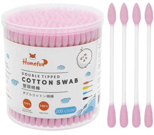 HOMEFOX Pinke Wattestäbchen, präzise spitz, Bio-Baumwolle, doppelseitig, dicht gewickelt, Baumwollspitzen, Papierstäbchen, weich, sanft, fusselfrei, tierversuchsfrei, spitz und rund (Rosa)