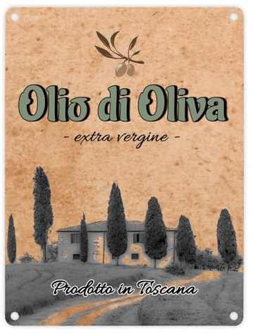 Metallschild in 15x20 cm mit mediterranem Olivenölmotiv Olio di Oliva für die Küche Toskana Italien Olivenöl Blechschild Dekoschild Dekorationsschild Mediterran Olive Mittelmeer