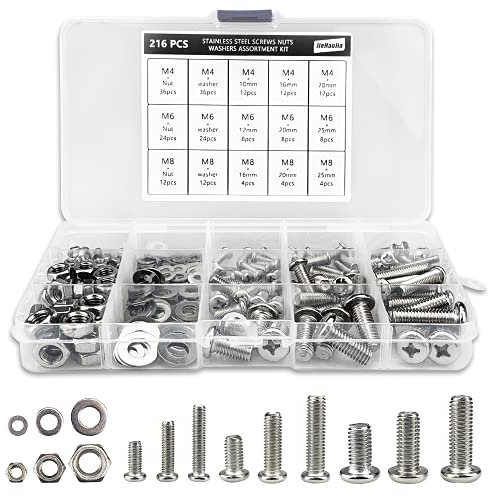 216 Piezas M4 M6 M8,Juego de Tornillos y Tuercas,Tornillos de Cabeza en cruz, Tornillos con Tuercas para reparación DIY