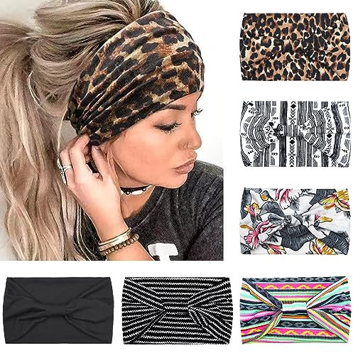 Kavya 6 Pcs Stirnband Damen Breite Elastische Weiche Boho Haarbänder Leopard Print Haarschmuck Yoga Sport Haarband Mehrfarbig Haarreifen Damen