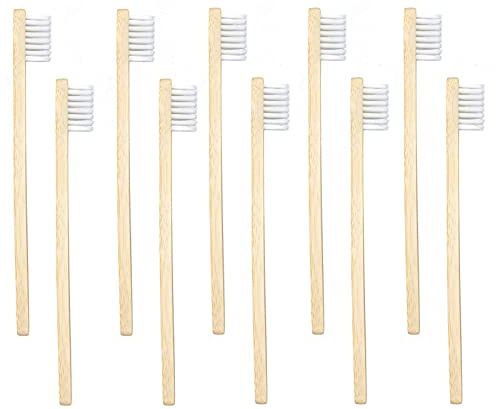 SEVENHEAD 10 Stück Bambus-Zahnbürsten, weiche Borsten, Holzzahnbürsten, natürlich, biologisch abbaubar, BPA-frei, umweltfreundlich, Weiß