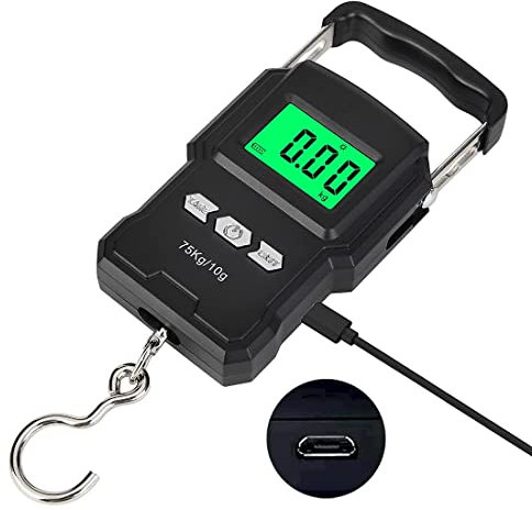 Bonano Bilancia da pesca con batteria al litio integrata e nastro di misurazione, interfaccia micro-USB, display LCD retroilluminato da 75 kg, bilancia digitale da appendere. Regali per la pesca per